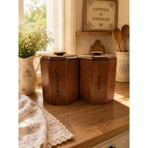Vtg 70s Wooden Kitchen Canister Set Tea Coffee Granny Country Kitchen Cottage